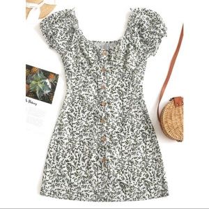 Puff Shoulder Leaf Print Button Up Dress